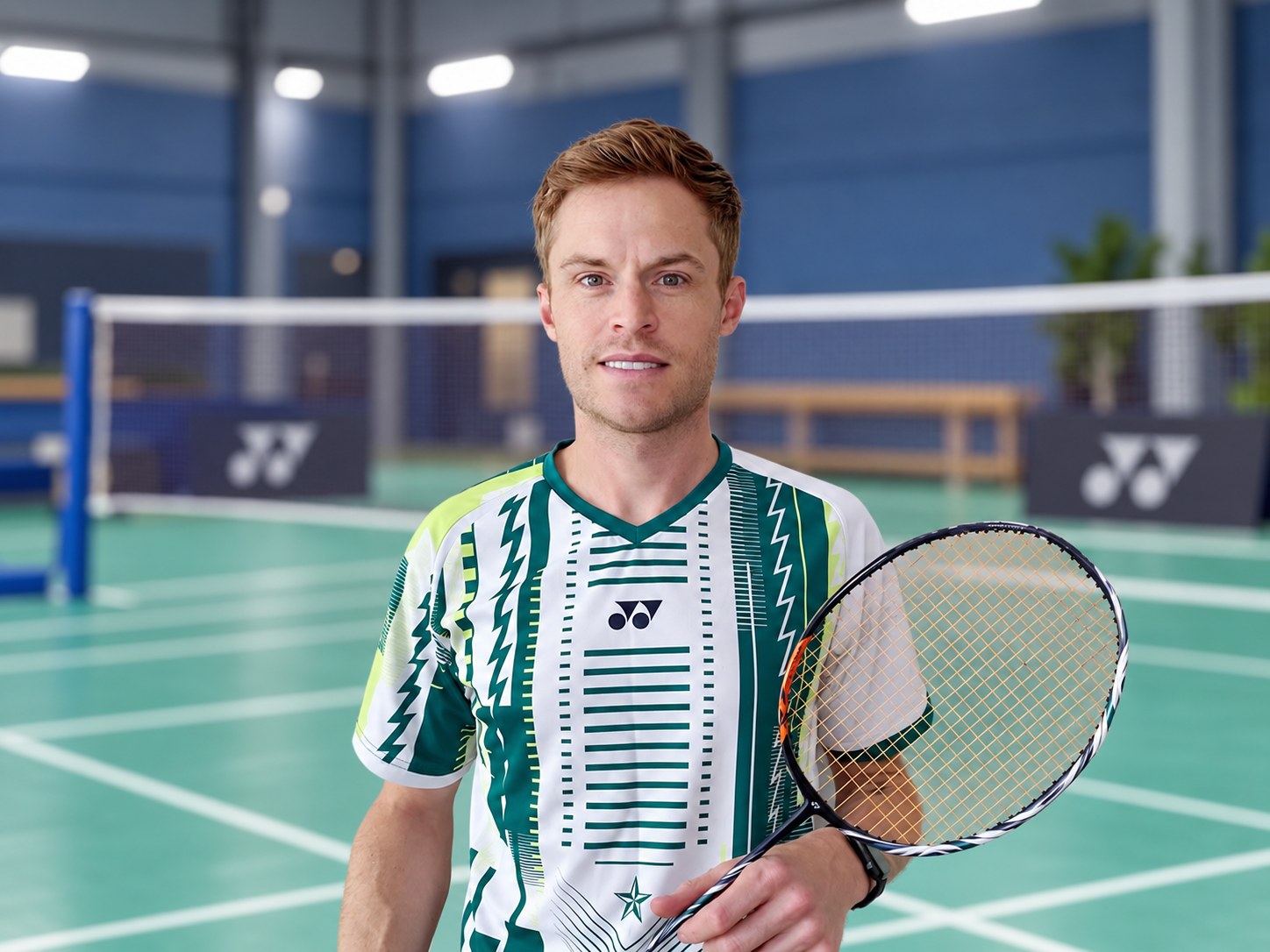 Andrew Smith standing on court holding a badminton racket
